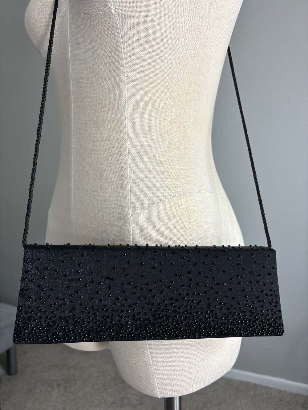 NiteBags Vintage Black Beaded Evening Clutch with Rope Shoulder Strap - Picture 8 of 9